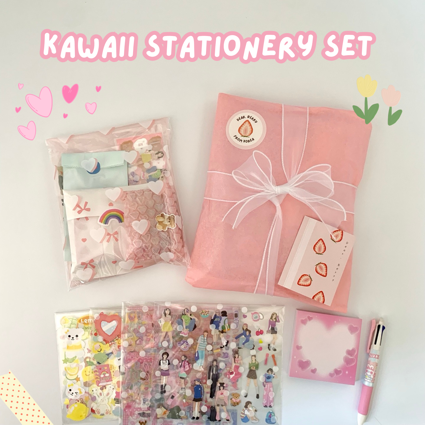Kawaii Korean Stationery Gift Set – 4 Stickers, Pen & Pouch