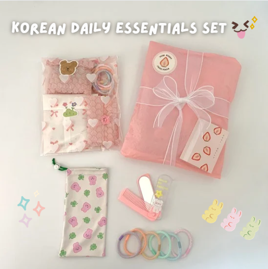 Korean Everyday Essentials Gift Set – Pouch, Mirror & Hair Accessories