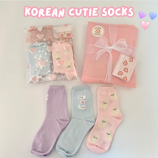 Korean Cutie Socks Set🧦(3 Pairs) | Bunny, Kitty & Ribbon Design